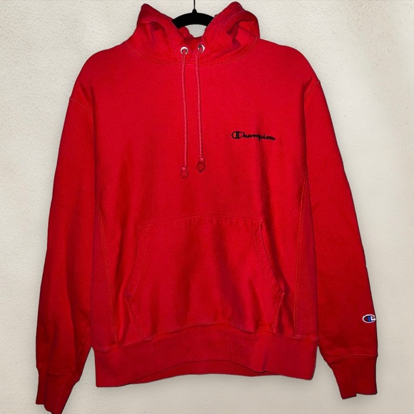 Champion Reverse Weave Pullover Hoodie Black Script Cotton Red Size Medium - Picture 1 of 6